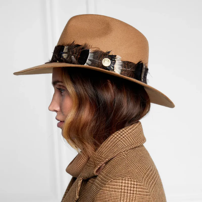 Holland Cooper Iridescent Feather Band Trilby Hat - Camel-2